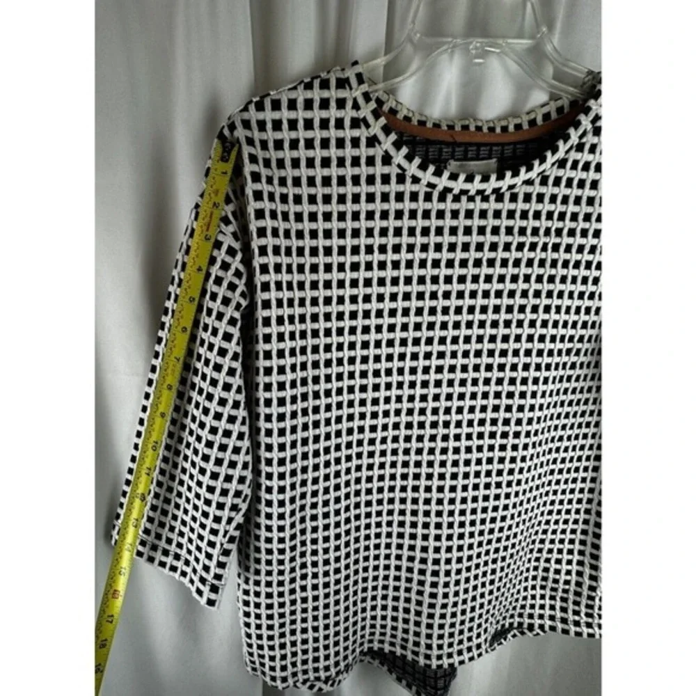 Lou & Grey Blue White Grid Textured Knit Top 3/4 Sleeve S Preppy Academia 55-22‎